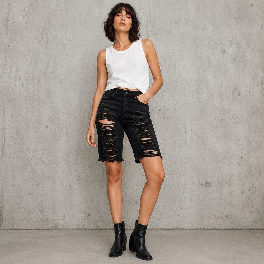 KanCan Womens XS Black Distressed Bermuda Denim Shorts High Rise Raw Hem NWT